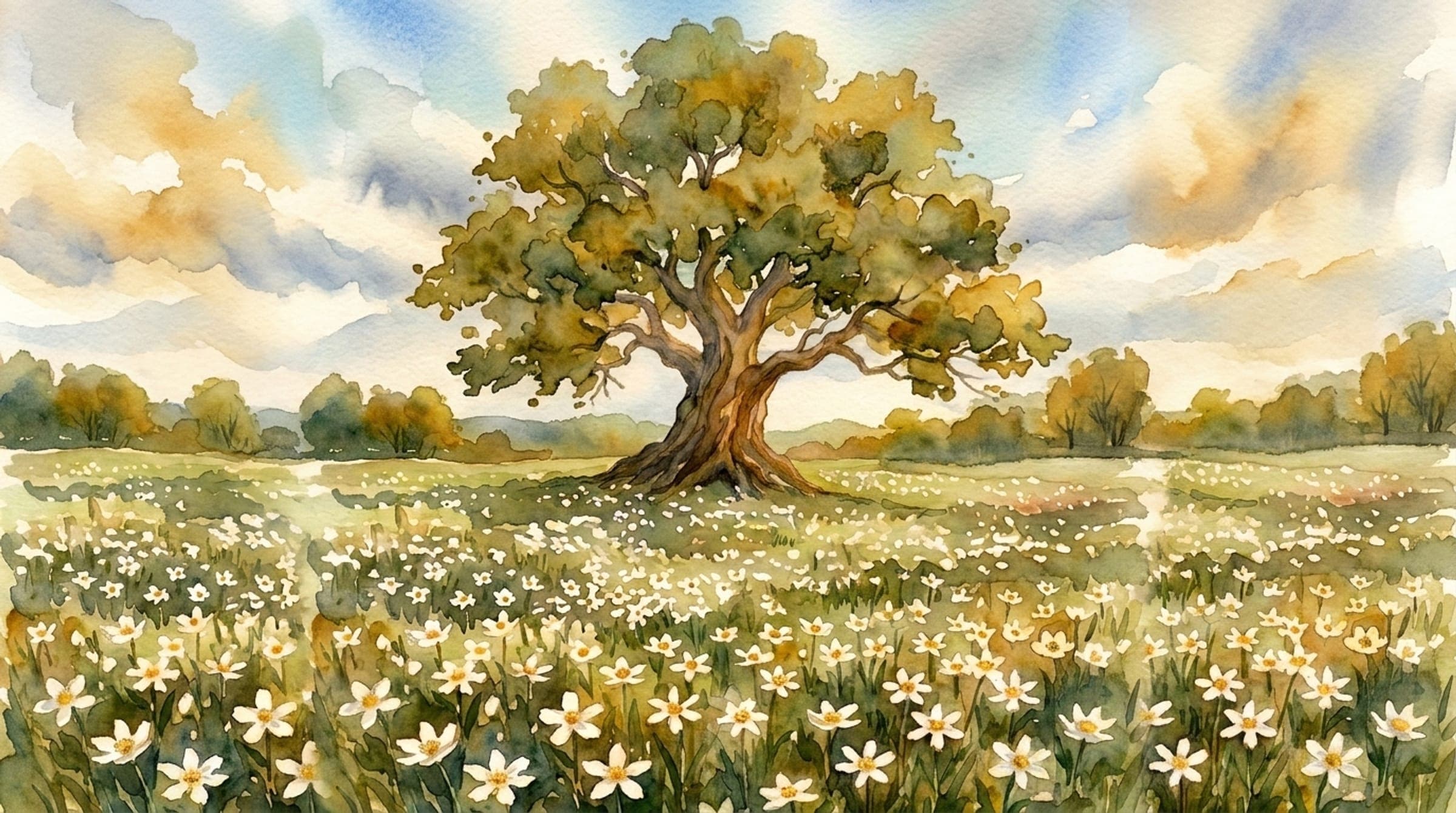 Watercolour oak tree standing in a meadow of wildflowers